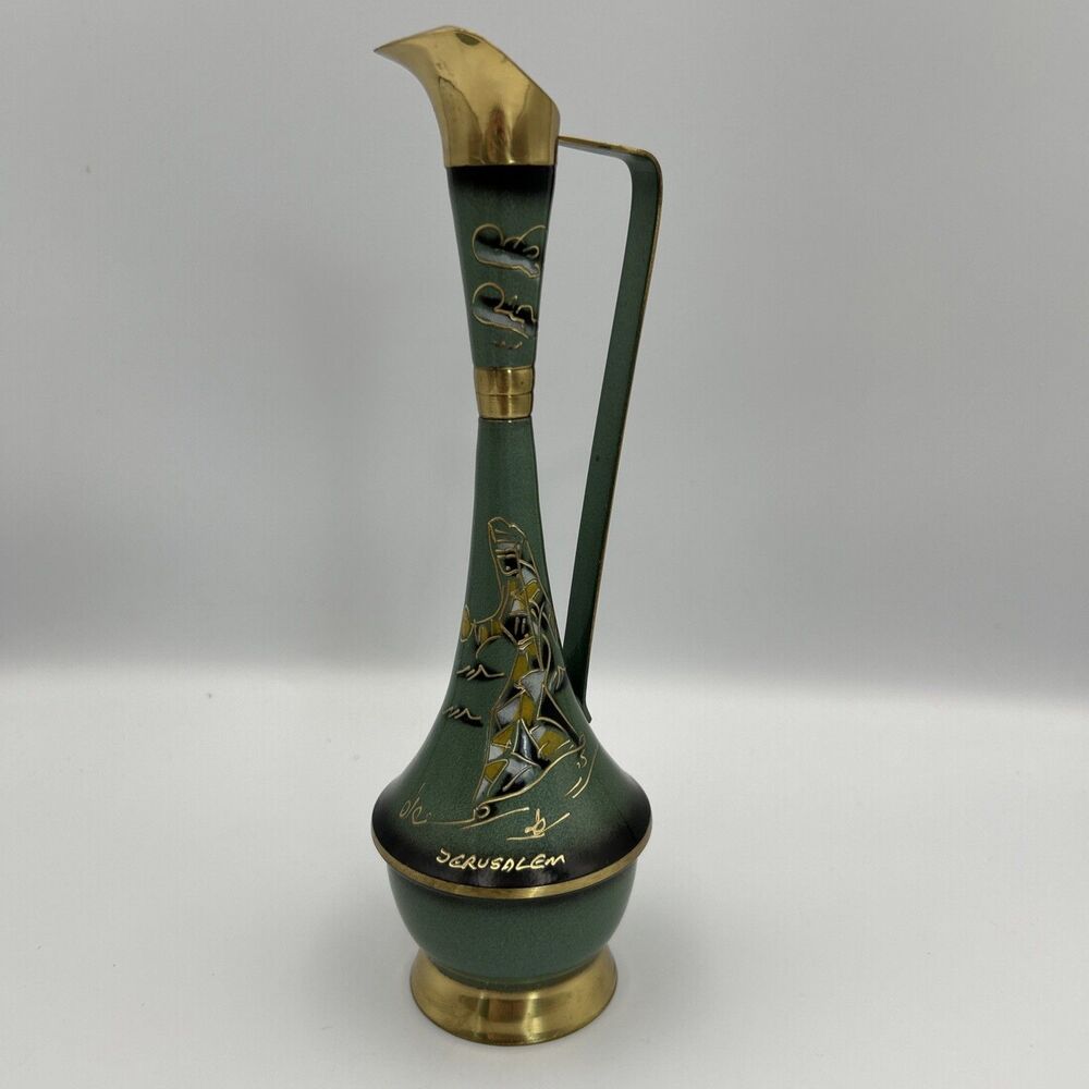Vintage 9" Enamel Painted Brass Ewer / Pitcher Green / Gold ~Made In Jerusalem~